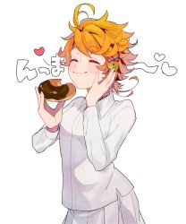 Rule 34 | 1girl, ahoge, arm up, blush, closed eyes, closed mouth, collar, collared shirt, commentary request, doughnut, eating, emma (yakusoku no neverland), facing viewer, food, hair ornament, heart, highres, holding, holding food, long sleeves, neck tattoo, number tattoo, orange hair, shirt, short hair, simple background, skirt, smile, solo, standing, tattoo, translation request, upper body, white background, white shirt, white skirt, x hair ornament, yakusoku no neverland, yukasa (yu sa18)