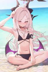 Rule 34 | 1girl, absurdres, ahoge, armband, bare shoulders, barefoot, bikini, black armband, black bikini, black choker, blue archive, breasts, choker, day, demon girl, demon horns, demon wings, feet, full body, grey hair, hair ornament, hairclip, halo, highres, hina (blue archive), horns, indian style, long hair, looking at viewer, low wings, multiple horns, navel, outdoors, parted lips, purple eyes, side-tie bikini bottom, sitting, small breasts, solo, stomach, swimsuit, toes, very long hair, water, wet, whistle, whistle around neck, wings, yozora (1wkdgusdn)
