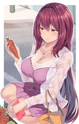 Rule 34 | 1girl, absurdres, bag, breasts, carrot, cellphone, cleavage, collarbone, dress, fate/grand order, fate (series), feng mouren, food, highres, holding, holding food, holding phone, jewelry, large breasts, light smile, long hair, necklace, orange eyes, phone, pink dress, red hair, scathach (fate), solo, squatting