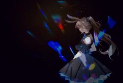 Rule 34 | 1girl, alternate costume, amiya (arknights), animal ears, arknights, bare shoulders, black background, black bow, black dress, bow, brown hair, cowboy shot, detached sleeves, dress, extra ears, closed eyes, facing down, from side, hair bow, he yi bei cha, highres, long hair, ponytail, rabbit ears, rabbit girl, short sleeves, simple background, solo