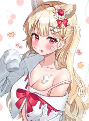 Rule 34 | 1girl, animal ear fluff, animal ears, blonde hair, blush, bow, braid, breasts, cat ears, cleavage, collared shirt, commentary request, dress shirt, food, food on face, hair bow, hair intakes, hair ornament, hairclip, hand up, heart, highres, kubong, long hair, long sleeves, medium breasts, off shoulder, one side up, open mouth, original, puffy long sleeves, puffy sleeves, red bow, shirt, simple background, sleeves past fingers, sleeves past wrists, solo, star (symbol), very long hair, white background, white shirt, x hair ornament