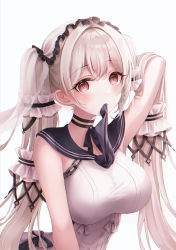 Rule 34 | 1girl, absurdres, azur lane, black choker, black neckerchief, black sailor collar, blush, breasts, choker, dress, formidable (azur lane), formidable (timeless classics) (azur lane), hair ribbon, highres, huge filesize, large breasts, long hair, looking at viewer, mouth hold, neckerchief, official alternate costume, pippin (pippin sol), red eyes, ribbon, sailor collar, sailor dress, simple background, sleeveless, sleeveless dress, solo, twintails, upper body, veil, white background, white dress, white hair