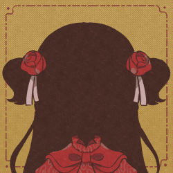 Rule 34 | 1girl, brown background, commentary, dress, english commentary, facing viewer, flower, hair flower, hair ornament, hair ribbon, kate (shadows house), koru koruno, long hair, polka dot, polka dot background, red dress, red flower, red rose, ribbon, rose, shadow (shadows house), shadows house, two side up, upper body, white ribbon