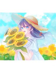 Rule 34 | 1girl, :d, absurdres, black hair, blue eyes, blue sky, braid, cloud, day, dress, earrings, field, flower, flower field, frills, hair ornament, hair ribbon, hairclip, hat, highres, holding, holding flower, ibispaint (medium), jewelry, long hair, looking at viewer, open mouth, original, outdoors, puffy short sleeves, puffy sleeves, red ribbon, ribbon, shiina (user ecjx4545), short sleeves, sky, smile, solo, straw hat, sun hat, sunflower, sunflower field, upper body, virtual youtuber, white dress