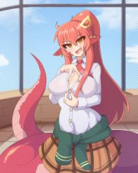 Rule 34 | 1girl, :d, blush, breasts, cleavage, earrings, fang, hair between eyes, head tilt, highres, jewelry, lamia, large breasts, long hair, looking at viewer, miia (monster musume), monster girl, monster musume no iru nichijou, necktie, open mouth, orange eyes, pleated skirt, pointy ears, ponytail, red hair, rooftop, scales, school, sidelocks, skirt, slit pupils, smile, solo, tail, unbuttoned, unbuttoned shirt, vadaboob, very long hair
