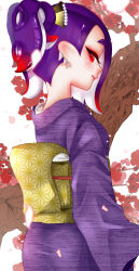 Rule 34 | 1girl, absurdres, alternate hair color, branch, closed mouth, commentary request, eyelashes, falling petals, high ponytail, highres, japanese clothes, kimono, looking back, medium hair, mugyiiiii ika, nintendo, octoling, petals, purple hair, purple kimono, red eyes, shiver (splatoon), short ponytail, simple background, solo, splatoon (series), tentacle hair, tooth earrings, white background