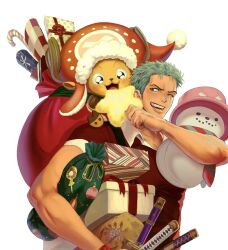 Rule 34 | 2boys, blush, box, brown fur, candy, candy cane, carrying, carrying under arm, cotton candy, food, gift, gift box, green hair, happy, highres, holding, holding sword, holding weapon, male focus, multiple boys, nok (nok 1), one eye closed, one piece, open mouth, oversized hat, red bag, red headwear, red shirt, roronoa zoro, scar, scar across eye, scar on face, shirt, short hair, sideburns, simple background, sitting on shoulder, stuffed toy, sword, tony tony chopper, triple wielding, upper body, weapon, white background