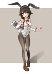 Rule 34 | 10s, 1girl, adapted costume, animal ears, bare shoulders, black eyes, black hair, black pantyhose, blush, bow, bowtie, breasts, cleavage, detached collar, fake animal ears, full body, hayasui (kancolle), kantai collection, katahira masashi, leotard, loafers, open mouth, pantyhose, playboy bunny, rabbit ears, shoes, short hair, simple background, small breasts, solo, tail, wrist cuffs, zipper