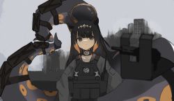 Rule 34 | 1girl, absurdres, armor, blunt bangs, body armor, building, choker, collarbone, commentary, commentary request, dmj, gun, halo, highres, hololive, hololive english, long hair, looking at viewer, mole, mole under eye, multicolored hair, ninomae ina&#039;nis, purple hair, smile, tentacle hair, tentacles, tsurime, very long hair, virtual youtuber, walkie-talkie, weapon