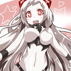 Rule 34 | 10s, 1girl, :d, abyssal ship, airfield princess, blush, bouncing breasts, breasts, colored skin, heart, highres, horns, kantai collection, large breasts, long hair, looking at viewer, navel, open mouth, red eyes, smile, solo, star (symbol), tanashi (mk2), very long hair, white hair, white skin, wristband