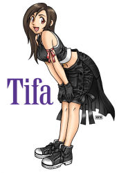 Rule 34 | 00s, 1990s (style), 1girl, bare shoulders, brown hair, character name, final fantasy, final fantasy vii, final fantasy vii advent children, full body, gloves, keith (keith&#039;s workshop), leaning forward, long hair, midriff peek, open mouth, red eyes, retro artstyle, shoes, sneakers, solo, tifa lockhart