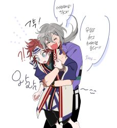 Rule 34 | !?, &gt; &lt;, 2boys, :3, :d, age difference, aged down, amagi rinne, child, ensemble stars!, excited, floating hair, hand on another&#039;s wrist, height difference, highres, hug, hug from behind, implied yaoi, jangchajsam, korean text, leaning forward, leaning on person, lifting person, male focus, multiple boys, open mouth, ponytail, shiina niki, shiina niki (casual spring-summer), smile, speech bubble