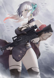 Rule 34 | 1girl, aircraft, airplane, aqua bow, aqua ribbon, bare shoulders, black thighhighs, blue eyes, bow, braid, breasts, brown jacket, closed mouth, clothes pull, cloud, cloudy sky, dress, earrings, eigo ichii, feet out of frame, fighter jet, from below, general-purpose machine gun, general dynamics, girls&#039; frontline, gun, hair bow, hair ornament, hair ribbon, highres, holding, holding weapon, jacket, jacket pull, jet, jewelry, lightweight medium machine gun, lonestar future weapons, long hair, looking away, lwmmg (girls&#039; frontline), lwmmg (golden starthistle) (girls&#039; frontline), machine gun, medium breasts, military, military vehicle, multicolored hair, official alternate costume, prototype design, purple dress, ribbon, rifle, scope, sky, sniper rifle, solo, standing, star (symbol), star earrings, thighhighs, torn clothes, torn thighhighs, true velocity, weapon, white hair