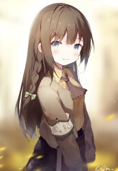 Rule 34 | 1girl, absurdres, armband, ascot, black skirt, blue eyes, blurry, blurry background, blush, book, bow, braid, breasts, brown ascot, brown hair, brown jacket, closed mouth, collared shirt, commentary request, depth of field, green bow, hair bow, hair ornament, hairclip, highres, holding, holding book, jacket, leilin, long hair, open clothes, open jacket, original, petals, safety pin, shirt, signature, single braid, skirt, small breasts, smile, solo, very long hair, yellow shirt