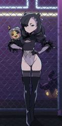 Rule 34 | 2b (nier:automata), 2b (nier:automata) (cosplay), asymmetrical bangs, black shirt, black thighhighs, blouse, blurry, boots, cleavage cutout, clothing cutout, cosplay, creatures (company), depth of field, game freak, gen 8 pokemon, glowing, hands on own hips, leotard, leotard under clothes, marnie (pokemon), morpeko, morpeko (full), nier, nier:automata, nier (series), nintendo, pod (nier:automata), pokemon, pokemon swsh, puffy sleeves, r3dfive, shirt, solo, teeth, thigh boots, thighhighs, thighhighs under boots, upper teeth only