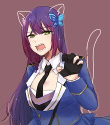 Rule 34 | 1girl, animal ears, arm at side, assault lily, black gloves, black necktie, blue jacket, blue skirt, braid, breasts, brown background, butterfly hair ornament, cat ears, cat tail, claw pose, collared shirt, commentary request, drawn ears, drawn tail, drop shadow, epaulettes, fangs, fingernails, funada kiito, gloves, green eyes, hair ornament, half gloves, halftone, hand up, jacket, large breasts, long hair, looking at viewer, mole, mole under eye, necktie, nigari (ngari 0115), open mouth, partially fingerless gloves, purple hair, shirt, side braid, simple background, single braid, skirt, solo, tail, teeth, upper body, very long hair, white shirt