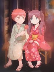 Rule 34 | 1boy, 1girl, aged down, apple, asin buy, black hair, blue eyes, brown eyes, candy apple, emiya shirou, fate/stay night, fate (series), floral print, food, fruit, highres, japanese clothes, kimono, outdoors, red hair, red kimono, sandals, sitting, tohsaka rin, twintails, wide sleeves, yellow eyes, yukata