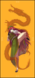 Rule 34 | 1girl, braid, chinese clothes, dragon, female focus, fighting stance, fingerless gloves, gloves, hat, hong meiling, leg lift, legs, long hair, red hair, sakamoto kengo, side slit, solo, touhou, twin braids