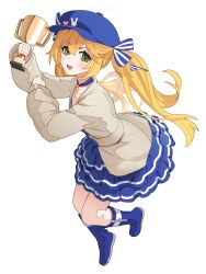Rule 34 | 1girl, blonde hair, blue choker, blue dress, blue footwear, blue hat, blue ribbon, blush, boots, choker, commentary, dokibird (vtuber), dress, full body, green eyes, grey jacket, hair between eyes, hat, hat ribbon, hechium, highres, holding, holding trophy, indie virtual youtuber, jacket, knee boots, layered dress, long hair, long sleeves, looking at viewer, open mouth, puffy long sleeves, puffy sleeves, ribbon, short dress, simple background, smile, solo, star (symbol), star choker, symbol-only commentary, tachi-e, trophy, twintails, very long hair, virtual youtuber, white background