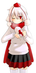 Rule 34 | 1girl, animal ears, bad id, bad pixiv id, blush, female focus, gift, hat, heart, holding, holding gift, inubashiri momiji, red eyes, ribbon, scarf, short hair, skirt, solo, sweater, thighhighs, tokin hat, touhou, valentine, white hair, wk (low-f), wolf ears