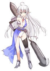 Rule 34 | 1girl, ahoge, aqua eyes, armor, asymmetrical clothes, bandaged arm, bandages, black gloves, black thighhighs, blush, breasts, cleavage, collarbone, detached collar, double-blade, earrings, elbow gloves, full body, gloves, hair ornament, hand on own hip, high heels, highres, holding, holding weapon, huge weapon, jewelry, long hair, looking at viewer, midriff, ohta yuichi, open mouth, original, pointy ears, red ribbon, ribbon, simple background, single thighhigh, smile, solo, thighhighs, underboob, very long hair, weapon, weapon request, white background, white hair