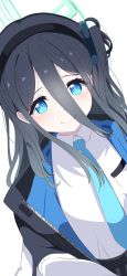 Rule 34 | 1girl, aris (blue archive), blue archive, blue eyes, blush, commentary request, hair between eyes, hair ornament, halo, headband, highres, jacket, long hair, looking at viewer, necktie, school uniform, simple background, smile, solo, white background