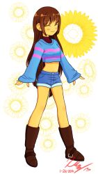 Rule 34 | 1girl, a-pose, absurdres, aged up, alternate hair length, alternate hairstyle, artist name, bare legs, blue shorts, blue sweater, blush, boots, breasts, brown footwear, brown hair, closed eyes, closed mouth, commentary, crop top, cropped sweater, dark-skinned female, dark skin, dated, denim, denim shorts, double horizontal stripe, english commentary, female frisk (undertale), floral background, flower, frisk (undertale), full body, genderswap, genderswap (otf), highres, kama-ta, knee boots, long hair, midriff, navel, pink sweater, red undershirt, short shorts, shorts, signature, sleeveless, small breasts, smile, solo, spread fingers, spread legs, standing, sunflower, sweater, transparent background, turtleneck, two-tone sweater, undertale, very long hair, very long sleeves, white flower, yellow flower