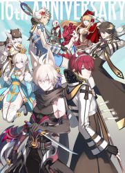 4boys, 5girls, ahoge, animal, animal ears, animal on head, anniversary, archbishop (ragnarok online), arm blade, armor, assassin cross (ragnarok online), back-to-back, bangs, bell, belt collar, black cape, black coat, black dress, black footwear, black gloves, black hair, black pants, black scarf, black shirt, blonde hair, blue coat, blue dress, blue eyes, blue ribbon, brown dress, cape, cleavage cutout, closed mouth, clothing cutout, coat, collar, commentary request, cowboy shot, creator (ragnarok online), crown, dagger, demon horns, deviruchi hat, doughnut, dress, dual wielding, elbow gloves, eyebrows visible through hair, eyes visible through hair, fake horns, fingerless gloves, fishnet legwear, fishnets, food, fox ears, fox mask, frilled sleeves, frills, gauntlets, gloves, guillotine cross (ragnarok online), hair bell, hair between eyes, hair cones, hair ornament, hair ribbon, hairband, hat, high heels, holding, holding dagger, holding staff, holding weapon, horns, jingle bell, juliet sleeves, kusabi (aighe), lif (ragnarok online), living clothes, long hair, long sleeves, looking at another, looking at viewer, looking back, looking to the side, mask, monster girl, multiple boys, multiple girls, on head, open clothes, open coat, open mouth, open shirt, pants, pauldrons, plant girl, pointy ears, potion, pouch, puffy sleeves, ragnarok online, red armor, red cape, red eyes, red scarf, revealing clothes, ribbon, salute, scarf, shirt, short dress, short hair, shoulder armor, sidelocks, sleeveless, sleeveless shirt, smile, staff, strapless, strapless dress, teeth, thighhighs, tight shirt, torn scarf, two-tone coat, two-tone dress, vial, waist cape, weapon, white coat, white dress, white hair, white legwear, white pants