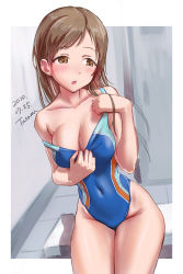 Rule 34 | 1girl, absurdres, artist name, blue one-piece swimsuit, breasts, brown eyes, brown hair, cleavage, commentary request, competition swimsuit, covered navel, cowboy shot, dated, highres, idolmaster, idolmaster cinderella girls, long hair, looking to the side, medium breasts, nitta minami, one-piece swimsuit, solo, swimsuit, tatami (loop), undressing
