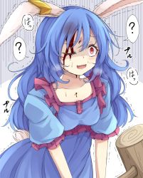 Rule 34 | 1girl, animal ears, blood, blood on face, blue dress, blue hair, breasts, buttons, collarbone, commentary request, dress, frills, grey background, hair between eyes, hammer, highres, long hair, looking to the side, medium breasts, neko mata, one eye closed, open mouth, puffy short sleeves, puffy sleeves, rabbit ears, rabbit tail, red eyes, seiran (touhou), shaded face, short sleeves, smile, solo, speech bubble, standing, steam, sweat, sweatdrop, tail, touhou, trembling, weapon, white background