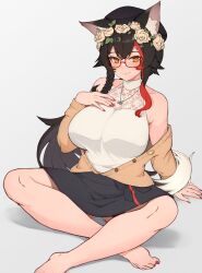 Rule 34 | 1girl, animal ear fluff, animal ears, barefoot, black hair, blush, breasts, glasses, highres, hololive, large breasts, long hair, multicolored hair, ookami mio, ookami mio (street), red hair, solo, streaked hair, tail, tail around own leg, varniskarnis, virtual youtuber, wolf ears, wolf girl, wolf tail
