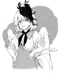 Rule 34 | 1girl, animal, animal on head, bird, bird wings, breasts, chick, dress, greyscale, hand on own hip, hisona (suaritesumi), looking at viewer, medium breasts, monochrome, multicolored hair, niwatari kutaka, on head, open mouth, puffy short sleeves, puffy sleeves, shirt, short sleeves, smile, solo, tail, touhou, white background, wings