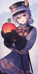 Rule 34 | 1boy, apple print, aqua eyes, bag, chorefuji, day, epel felmier, eyelashes, hair between eyes, hat, head tilt, highres, holding, looking at viewer, male focus, mittens, mountain, neck ribbon, open mouth, outdoors, own hands together, purple hair, ribbon, smile, snowing, solo, sweater, teeth, tongue, twisted wonderland, upper teeth only, vest, winter clothes