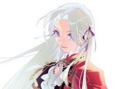 Rule 34 | 1girl, ascot, black jacket, cape, closed mouth, edelgard von hresvelg, fire emblem, fire emblem: three houses, gapamopa, hair ribbon, highres, jacket, long hair, looking at viewer, nintendo, portrait, purple eyes, purple ribbon, red cape, ribbon, simple background, solo, very long hair, white ascot, white background