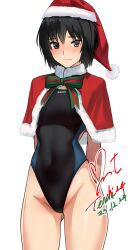 Rule 34 | 1girl, amagami, arms behind back, black hair, black one-piece swimsuit, blue one-piece swimsuit, blush, bow, bowtie, breasts, brown eyes, capelet, closed mouth, commentary request, competition swimsuit, covered navel, cowboy shot, dated, fur-trimmed capelet, fur trim, gluteal fold, green bow, green bowtie, groin, hat, highleg, highleg swimsuit, highres, looking at viewer, medium breasts, nanasaki ai, one-piece swimsuit, red capelet, red hat, revision, santa hat, short hair, signature, simple background, smile, solo, swimsuit, two-tone swimsuit, white background, yoo tenchi