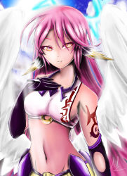 Rule 34 | 1girl, angel wings, artist request, breasts, cross, feathered wings, gloves, halo, highres, jibril (no game no life), long hair, low wings, magic circle, medium breasts, midriff, multicolored eyes, navel, no game no life, pink hair, purple eyes, sideboob, smile, solo, symbol-shaped pupils, tattoo, very long hair, white wings, wing ears, wings, yellow eyes