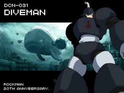 Rule 34 | 1boy, anchor symbol, android, animal, anniversary, armor, bubble, capcom, character name, copyright notice, day, dive man, explosive, fish, full body, green eyes, gyotot (mega man), helmet, inuinu (project october), ken makiba, legs apart, letterboxed, light rays, looking at viewer, male focus, mega man (classic), mega man (series), mega man 4, mine (weapon), moby (mega man), outdoors, pixelated, propeller, robot, spikes, standing, sunlight, typo, underwater, wallpaper, water, whale