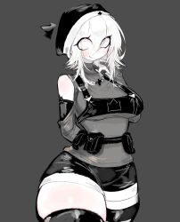 Rule 34 | 1girl, bare shoulders, beanie, breasts, crown, friday night funkin&#039;, hat, highres, large breasts, medium hair, messy hair, monochrome, nun, pale skin, pouch, shorts, solo, taki (friday night funkin&#039;), thick thighs, thighhighs, thighs, usa37107692, white eyes, white hair, wide hips, zettai ryouiki