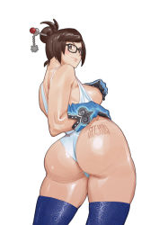 Rule 34 | 1girl, artist name, ass, black-framed eyewear, blue gloves, blue thighhighs, blush stickers, body writing, breasts, breasts out, brown eyes, brown hair, covering nipples, covering privates, curvy, dated, from behind, gloves, hair bun, looking back, medium breasts, mei (overwatch), one-piece swimsuit, overwatch, overwatch 1, print thighhighs, see you, single hair bun, solo, spiral, swimsuit, thighhighs, white background, white one-piece swimsuit