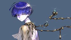 Rule 34 | 1other, androgynous, blue eyes, blue hair, bowl cut, colored skin, crystal hair, dripping, gem, glint, gold, golden arms, grey background, hand on own shoulder, high collar, highres, houseki no kuni, looking back, melting, molten metal, momoka1010, moon uniform (houseki no kuni), other focus, phosphophyllite, phosphophyllite (gemstone), phosphophyllite (ll), see-through, see-through sleeves, shaded face, shards, short hair, simple background, solo, sparkle, straight hair, upper body, white eyes, white skin, wide sleeves