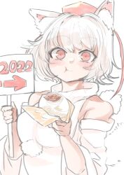 Rule 34 | 1girl, 2022, animal ear fluff, animal ears, baozi, bare shoulders, breasts, closed mouth, eating, food, hat, highres, holding, holding food, holding sign, inubashiri momiji, looking at viewer, medium breasts, pom pom (clothes), red eyes, shirt, short hair, sign, solo, teeth, tokin hat, touhou, upper body, white background, white hair, white shirt, white sleeves, wolf ears, wolf girl, yoyoiro (sysi20)