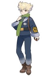 Rule 34 | 1boy, alternate costume, barry (pokemon), belt, belt buckle, black undershirt, blonde hair, boots, brown footwear, buckle, closed mouth, commentary request, creatures (company), frown, full body, game freak, green scarf, grey jacket, grey pants, hand up, highres, holding, holding poke ball, jacket, long sleeves, male focus, nintendo, orange eyes, pants, poke ball, poke ball (legends), pokemon, pokemon dppt, pokemon legends: arceus, scarf, short hair, solo, standing, taneta, transparent background