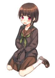 Rule 34 | 1girl, blush, brown hair, cardigan, loafers, long hair, low twintails, midorikawa you, open mouth, original, red eyes, school uniform, serafuku, shoes, sitting, sketch, sleeves past wrists, socks, solo, tears, tied sleeves, twintails, wariza, white background, white socks