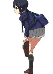 Rule 34 | 1girl, adjusting clothes, adjusting shoe, bag, black hair, brown eyes, k-on!, long hair, looking back, nakano azusa, putting on shoes, school uniform, solo, touboku, twintails