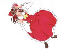 Rule 34 | 1girl, absurdres, ascot, bacon (shippo no hito), bad id, bad pixiv id, bow, brown hair, colorized, detached sleeves, female focus, hair bow, hair tubes, hakurei reimu, hand on own hip, highres, long hair, shippo no hito, simple background, smile, solo, touhou, white background, yagami (mukage)