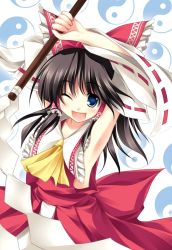 Rule 34 | 1girl, armpits, arms up, ascot, black hair, blue eyes, bow, collar, detached sleeves, female focus, frilled bow, frilled hair tubes, frilled shirt collar, frills, gohei, hair bow, hair tubes, hakurei reimu, japanese clothes, miko, one eye closed, open mouth, red bow, red ribbon, ribbon, ribbon-trimmed sleeves, ribbon trim, sash, solo, tateha (marvelous grace), touhou, white collar, white sleeves, wide sleeves, yellow ascot, yin yang