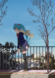 Rule 34 | 1girl, aqua eyes, aqua hair, bad id, bad pixiv id, breath, cardigan, cityscape, day, domo1220, hair bobbles, hair ornament, hatsune miku, itoshige, leg up, loafers, long hair, looking at viewer, looking to the side, scarf, school uniform, shoes, skirt, sky, solo, steam, thighhighs, tree, twintails, very long hair, vocaloid, walking