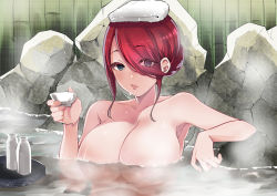 Rule 34 | 1girl, afloat, bathing, blue eyes, bottle, braid, breasts, collarbone, commentary request, completely nude, cup, eyelashes, eyes visible through hair, hair over one eye, hand up, highres, holding, holding cup, large breasts, looking at viewer, nude, onsen, open mouth, original, partially submerged, red hair, rock, sakayama shinta, sake bottle, solo, steam, textless version, towel, towel on head, water, wet