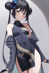 Rule 34 | 1girl, absurdres, bare shoulders, black gloves, black hair, blazer, blue archive, blue eyes, blush, breasts, butterfly hair ornament, china dress, chinese clothes, covered navel, double bun, dragon print, dress, gloves, hair bun, hair ornament, halo, hatsuno xxx, highres, jacket, kisaki (blue archive), looking at viewer, off shoulder, sleeveless, sleeveless dress, small breasts, solo, twintails