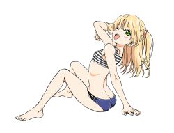Rule 34 | 10s, 1girl, arched back, arm support, arm up, ass, barefoot, bikini, blonde hair, butt crack, feet, full body, green eyes, hiroyuki, idolmaster, idolmaster cinderella girls, jougasaki rika, leaning back, looking back, one eye closed, open mouth, revision, smile, solo, swimsuit, toes, two side up, white background